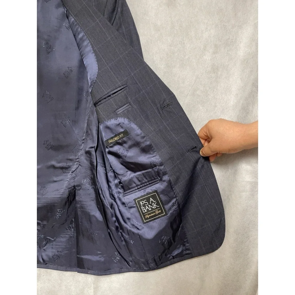Jos A Bank Suit Men 40R 38R Blue Plaid Slim 2B Signature Gold Flannel Wool 32X28
